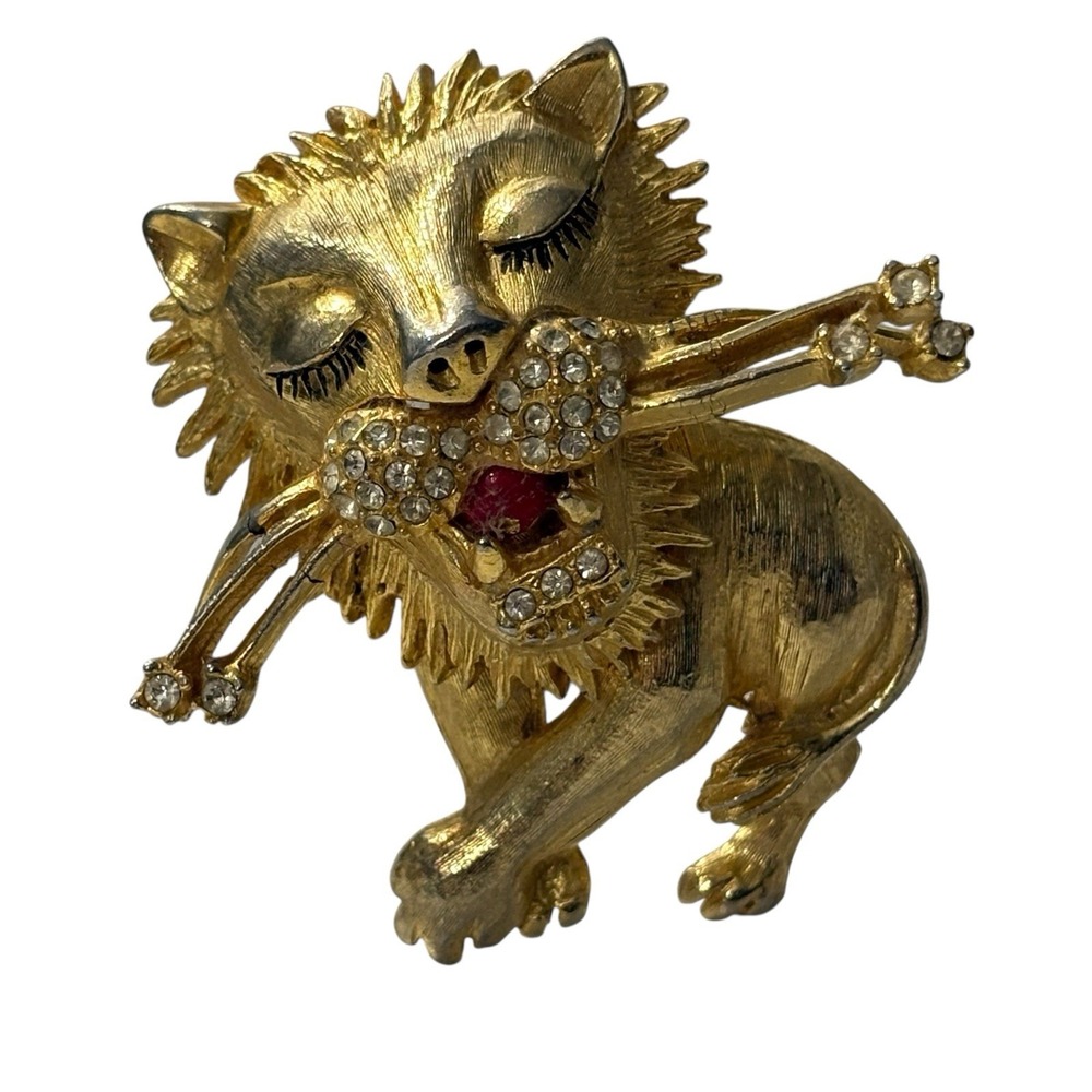 RARE Lion Brooch Pin Vintage Large Enameled & Rhinestone Inset Figural Sleeping